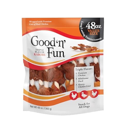 Good ‘n’ Fun Triple Flavor Kabobs Chews for All Dogs, 48 Ounces, Treat Your Dog to Long-Lasting Chews Made from Beef Hide, Real Chicken, Pork Hide, Duck and Chicken Liver