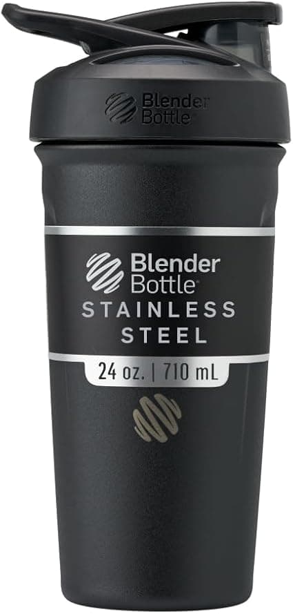 BlenderBottle Strada Shaker Cup Insulated Stainless Steel Water Bottle with Wire Whisk, 24-Ounce, Black